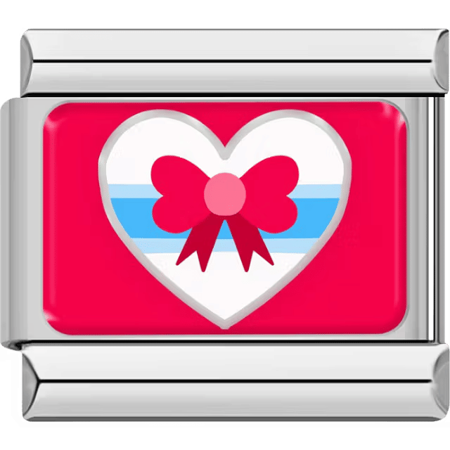 White heart with a red ribbon and bow centered on blue stripes on a bright red background